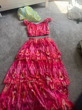 Pink and Orange Tiered Maxi Dress Set - Ruffled Crop Top & Skirt